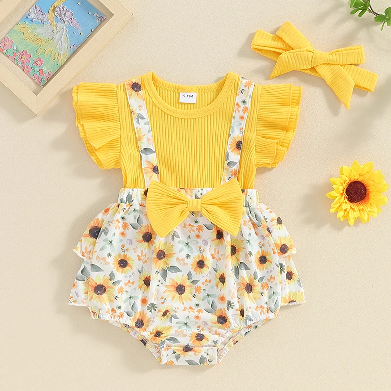 Newborn Baby Girls Jumpsuit Outfit Sunflower Print Short Sleeve Patchwork Romper with Bowknot Hairband Summer Clothing