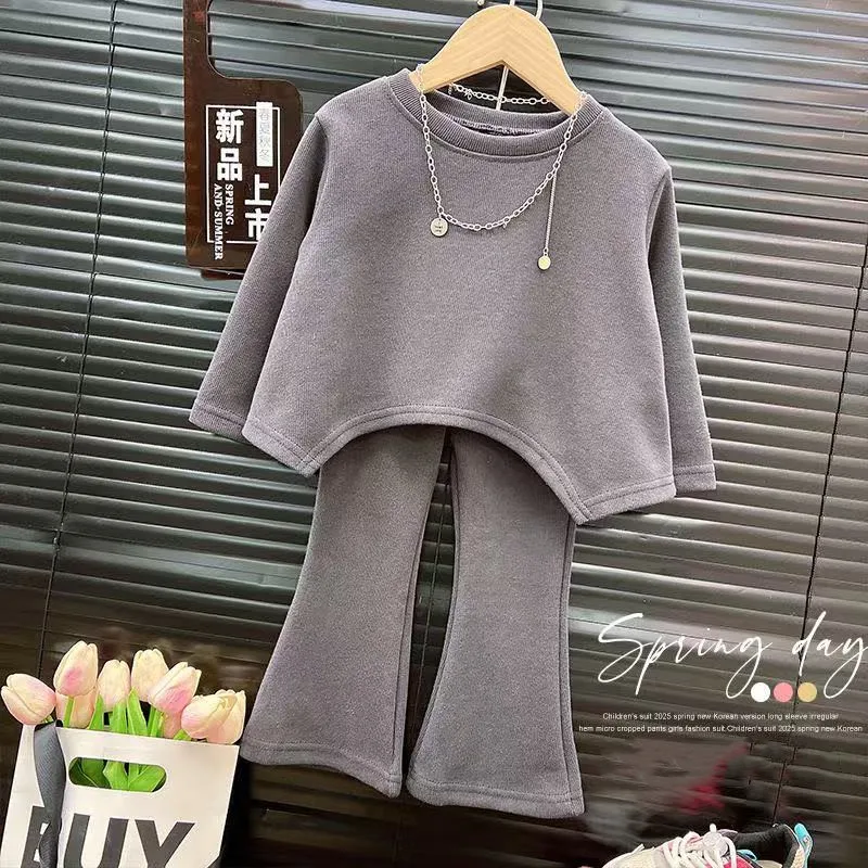 

Baby Girls' Spring Sweater Set Spring Autumn New Korean Edition Irregular Hem Top Micro Pull Pants Two Piece Set Kids Outfits