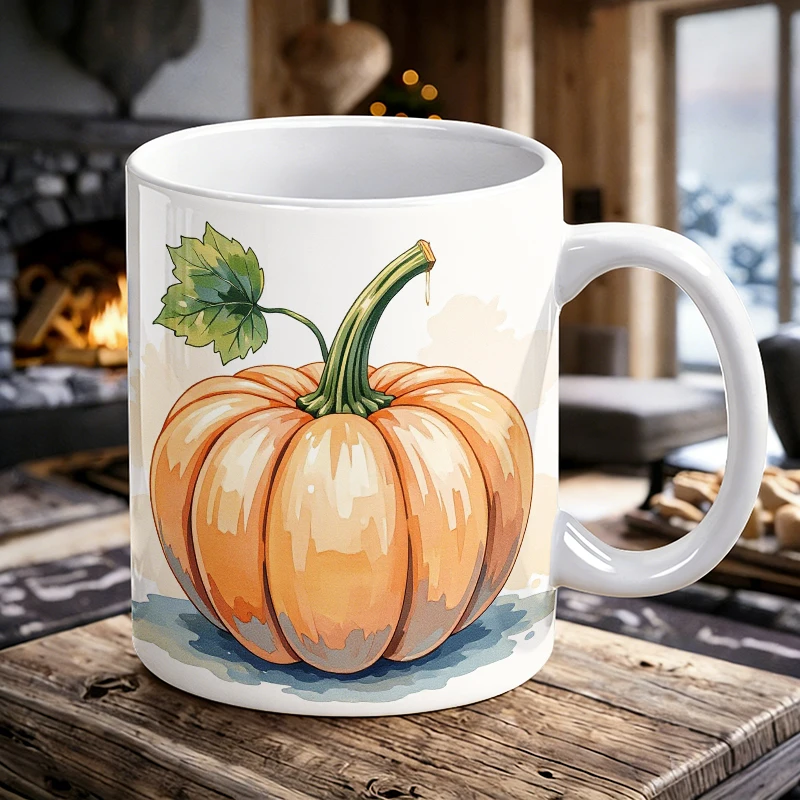 

11 oz pumpkin handle ceramic mug, full print pattern coffee cup, insulated milk cup, office water cup, fade-resistant