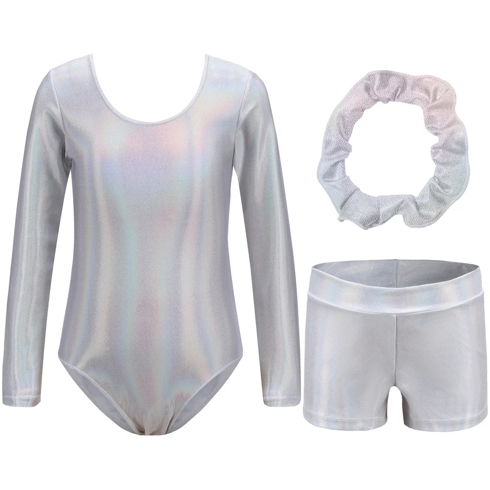 

Kids Girls Ballet Gymnastic Leotard Long Sleeve Bodysuit with Shorts Hairband Skating Performance Dance Costume 3-14 Years