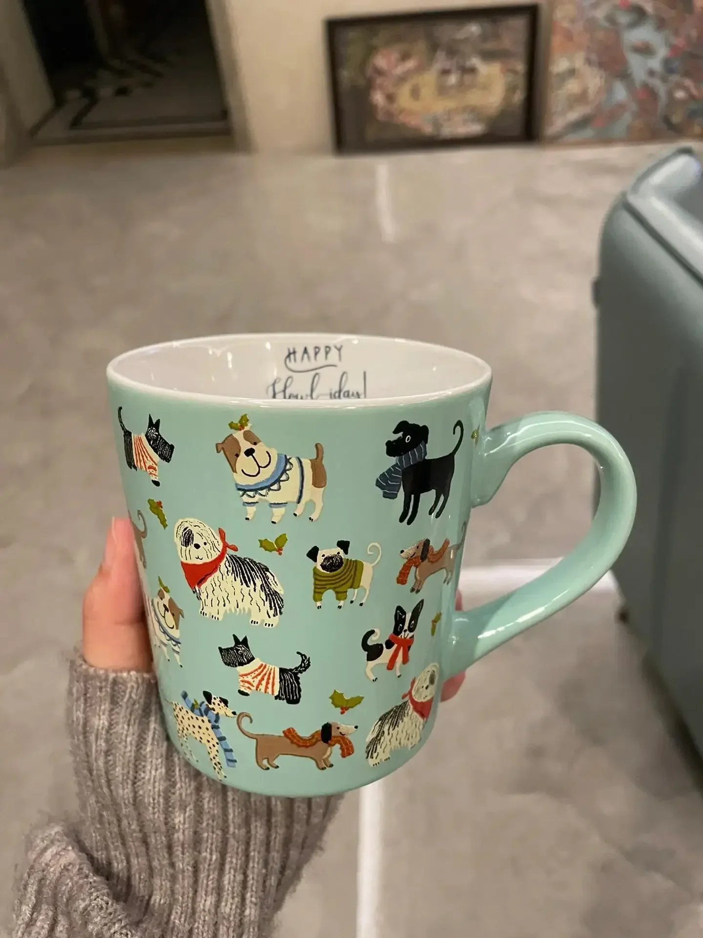 Large Capacity Ceramic Dog Mug Light Blue Cat and Dog Cartoon Animal Coffee Mug