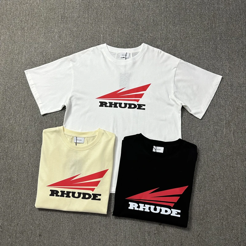 Real Photo High Quality Rhude T-shirt Summer Loose Cotton Round Neck Top Tee Casual Logo Print Short Sleeve Men Women