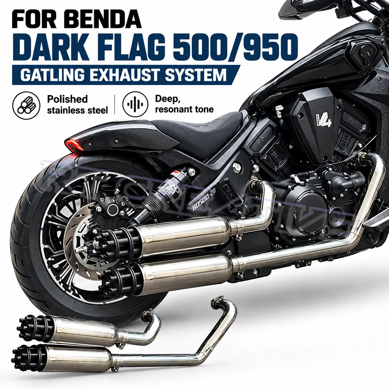 Tuned Deep Low Sound Exhaust Kit, Gatling Dual Side Full Pipe for BENDA Dark Flag 500 950