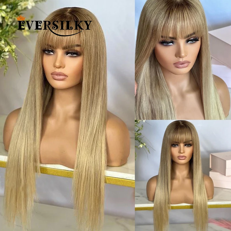 

Brazilian Ombre Brown Roots Light Ash Blonde Human Hair Wigs for Women 13x6 Transparent Fringe Lace Front Wigs Bangs