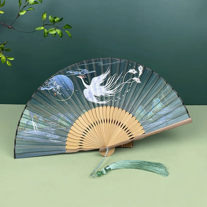 Small Folding Fan with Phoenix Pattern Portable Summer Cooling Daily Fan for Women Hanfu Cheongsam Dance Gift Home Office Set