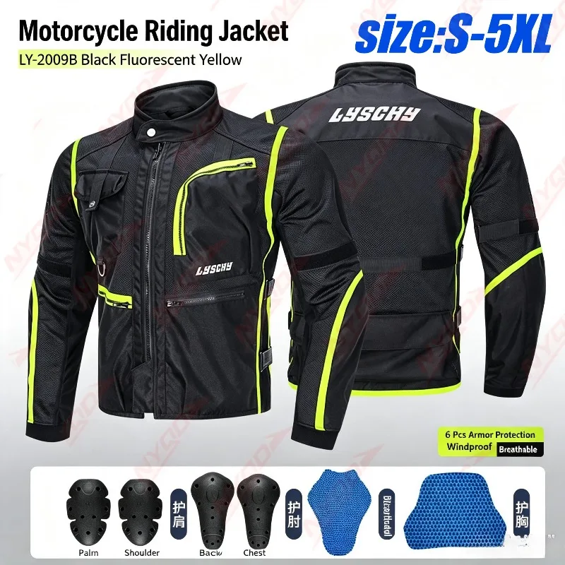 LYSCHY Motorcycle Summer Mesh Breathable Cycling Suit Men's Anti-drop Racing Suit Reflective Jacket Locomotive Suit