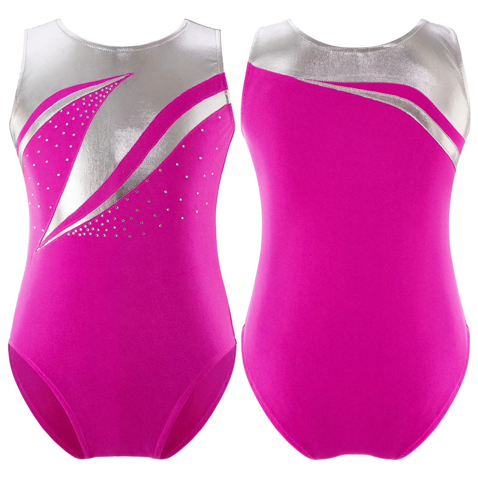 

Kids Girls Gymnatics Swimsuit for Dancing Ballet Leotards Costume Round Neckline Shiny Rhinestone Figure Skating Dance Leotards