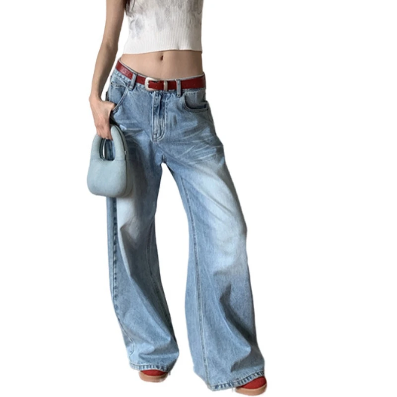 

Washed Women Wide Leg Pants Distressed Denim Jeans Loose Fit Vintage Full Length Pockets Basics Casual 2024 High Waist