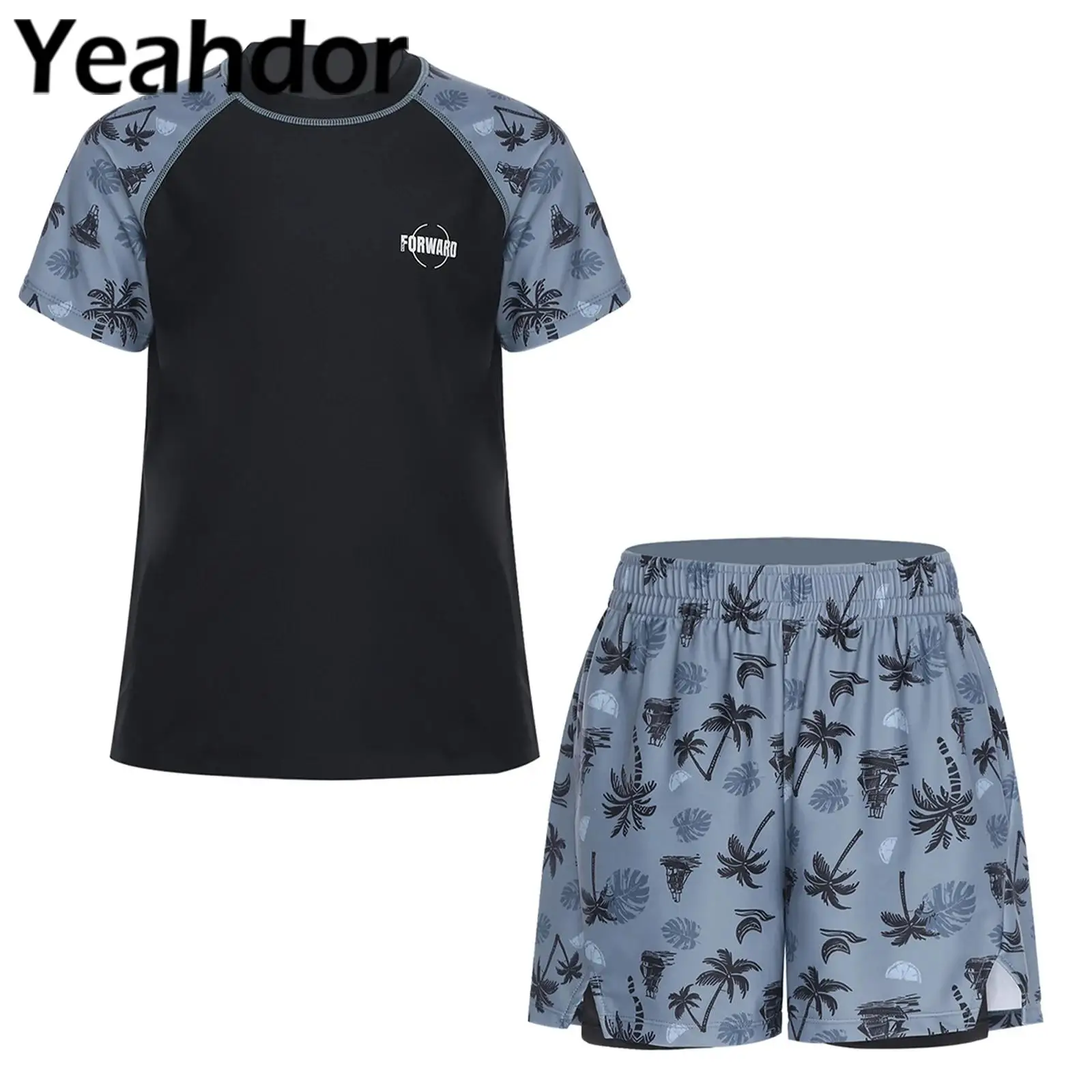 

Детский купальник из 2 предметов для мальчиков, купальный костюм с принтом кокосовой пальмы, защита от солнца, купальный костюм, топ с короткими рукавами и шорты, комплекты