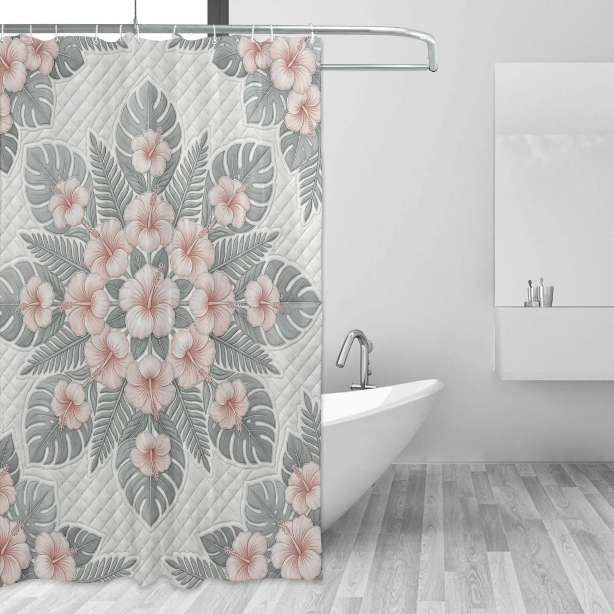 Boho Tropical Floral Shower Curtain Waterproof Bathroom Curtain Large Decorative Pink Green Leaf Print Monogram Jungle Decor Sho