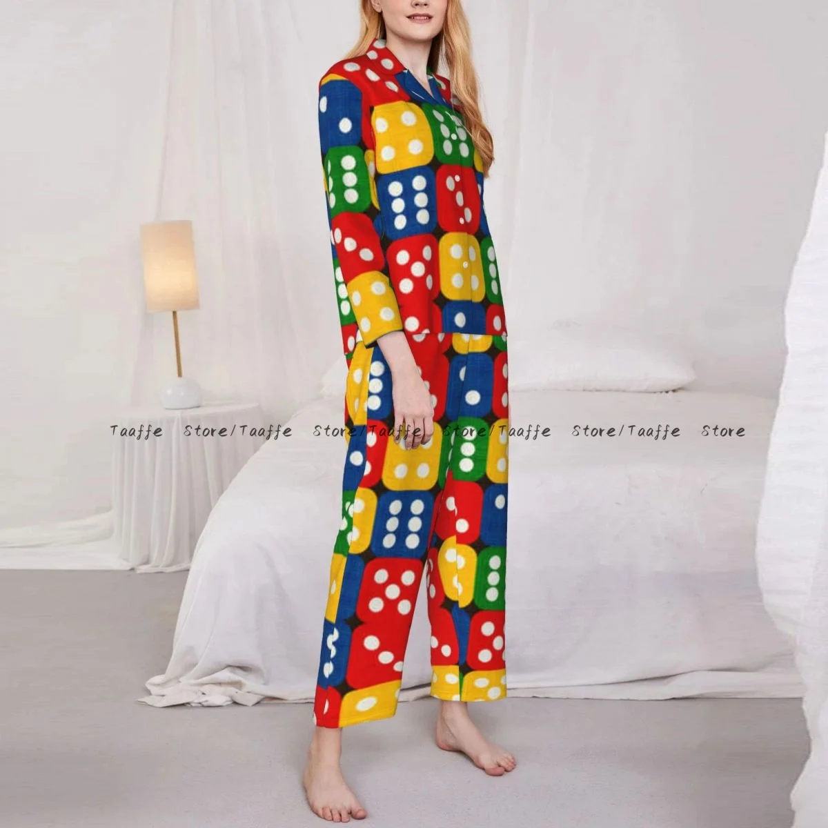 

Women Sleepwear Pajamas Abstract Geometrical Dices Long Sleeve Pijama Female Set Negligee Cardigan Suit