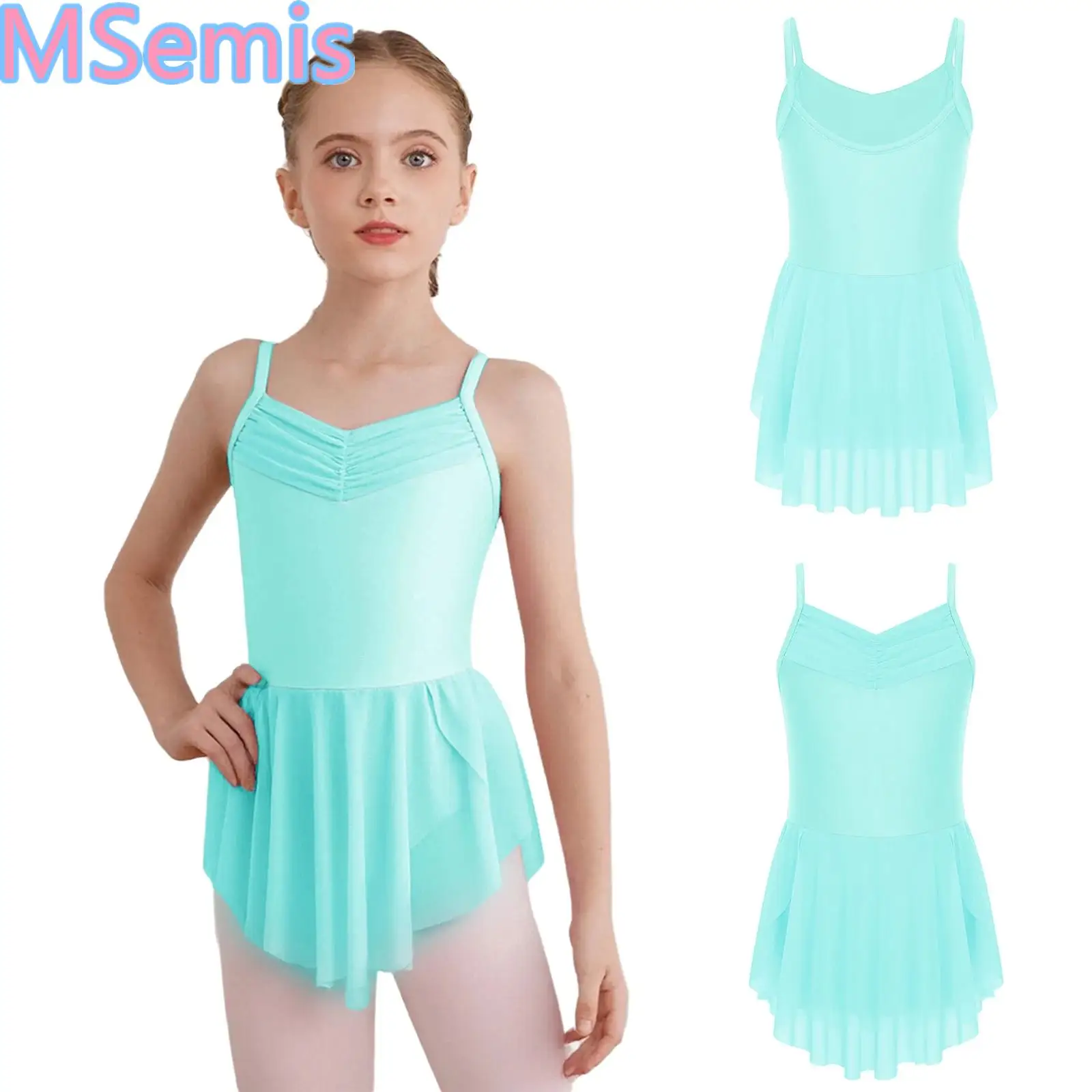 

Kids Girls Ballet Dance Dresses Practice Performance Costume Ruched V-Neck Spaghetti Straps Sides Split Dress with Briefs