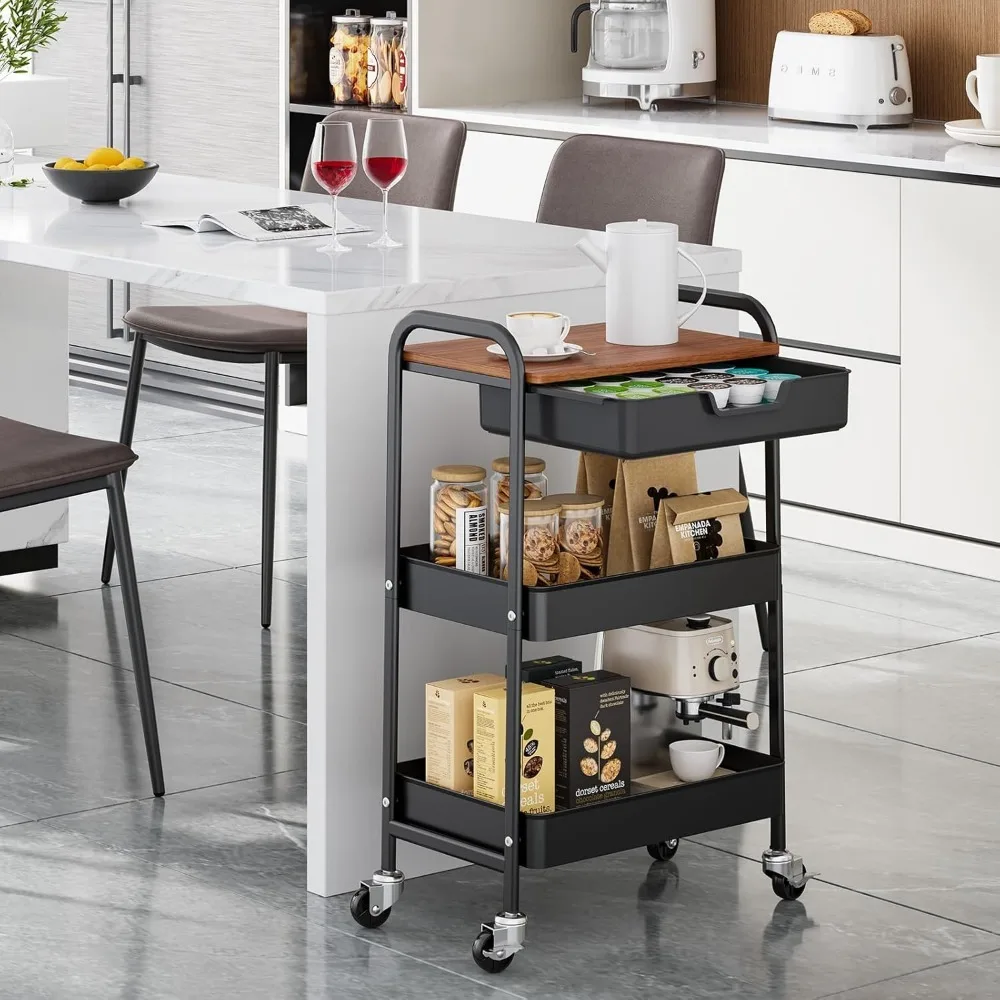 

3-Tier Utility Rolling Cart with Wooden Board and Drawer, Metal Storage Cart with Handle, Trolleys