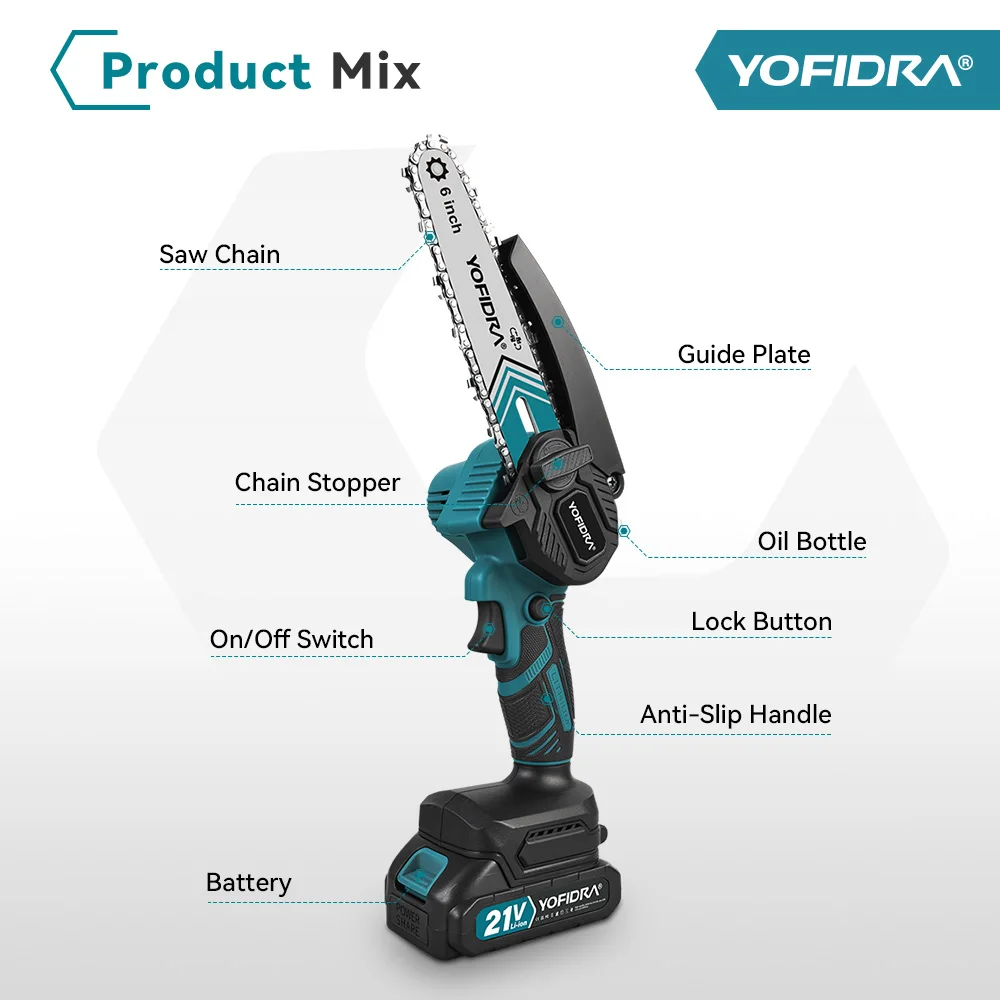 YOFIDRA 6 Zoll Elektrische Kettensäge Kabellos mit Ölsystem für Gartenholzschneiden, Holzfällen und Beschneiden, Elektrowerkzeug für Makita 21V Akku – Detail 4