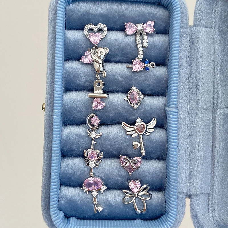 1pcs Cute Pink Zircon Stainless Steel Ear Bone Nail Full of Rhinestone Bowknot Earrings for Women Cochlea Body Puncture Jewelry