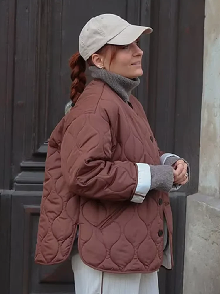 カジュアル無地チェック柄コットンショート厚手コート レディース 長袖 ラウンドネック シングルブレストジャケット 2025冬 デイリーストリートウェア