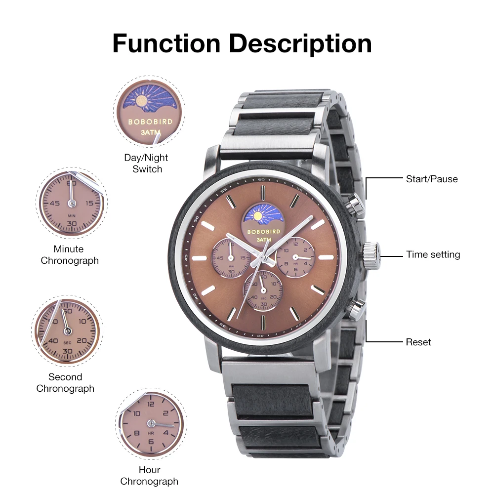 BOBO BIRD Watch for Men Top Brand Moon Phase Chronograph Wooden Watches Luxury Sports Quartz Movement montre homme