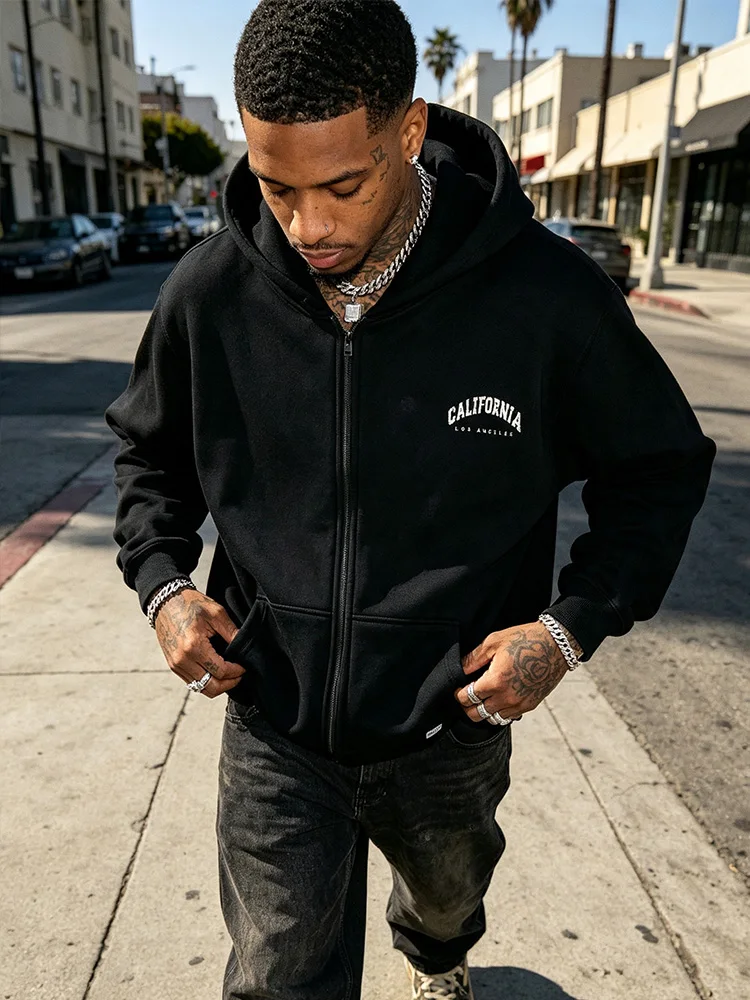 Vintage California Letter Zip Up Hoodie Men Hip‑Hop Streetwear Loose Fleece Hooded Jacket Casual Sweatshirt-T83