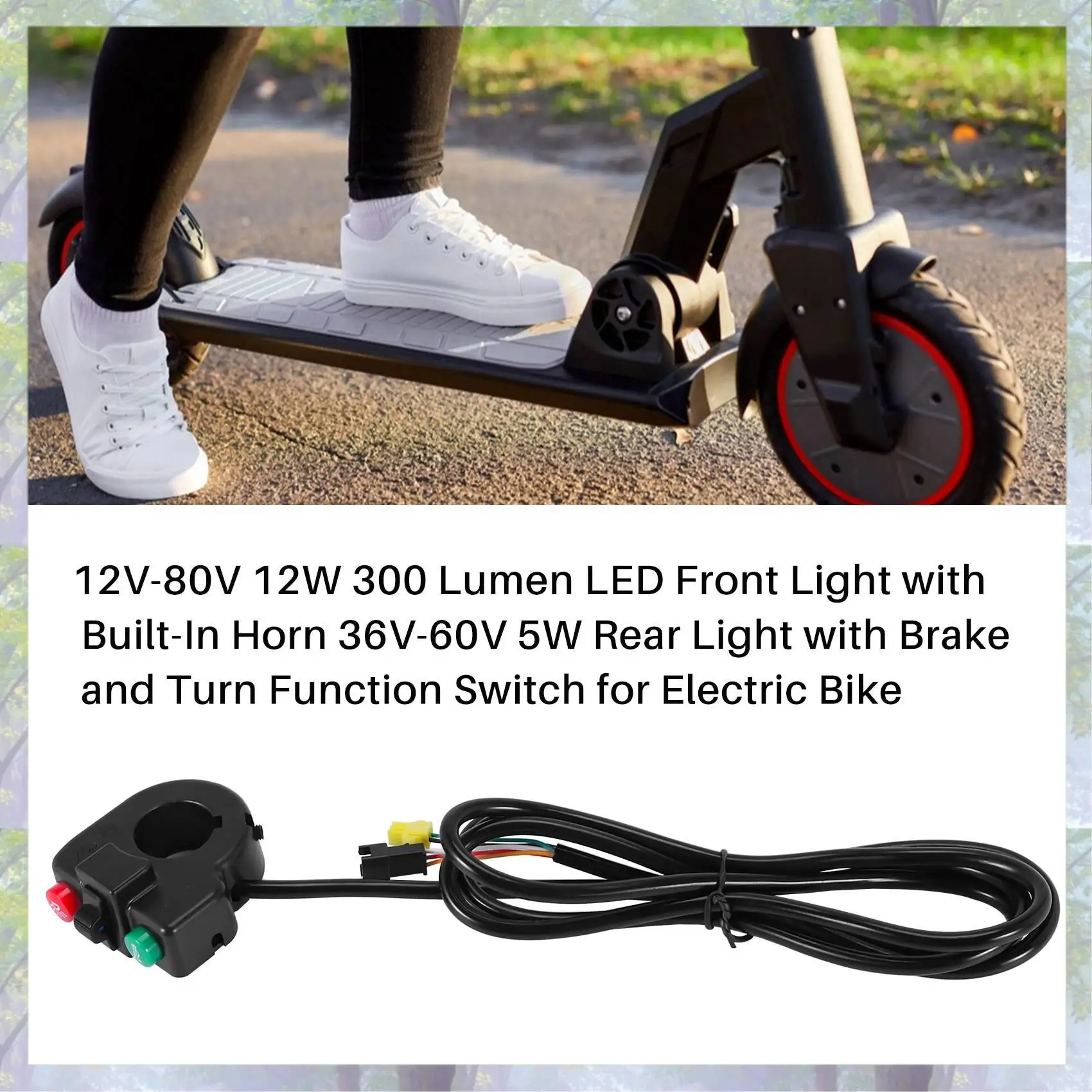 12V-80V 12W 300 Lumen LED Front Light With Built-In Horn 36V-60V 5W Rear Light With Brake And Turn Function Switch For Electric