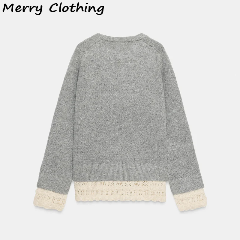 Grundlegender Rundhalspullover für Damen, Patchwork-Spitzensaum, lange Ärmel, Strickpullover, lässig, vielseitig, Tops, 2025, neue Damenpullover