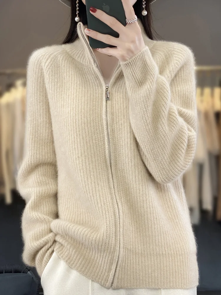 

2024 Autumn Winter Pure Merino Wool Sweater Striped Zipper Turtleneck Knitted Cardigan Casual Thick Cashmere Clothing Tops