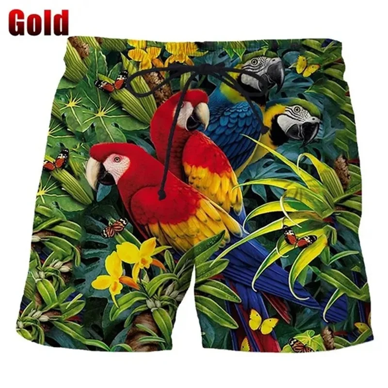 Fashion Macaw Parrot Beach Shorts Men Cool 3D Printed Macaws Palm Flowers Board Shorts Swimsuit Swim Trunks Funny Kid Ice Shorts