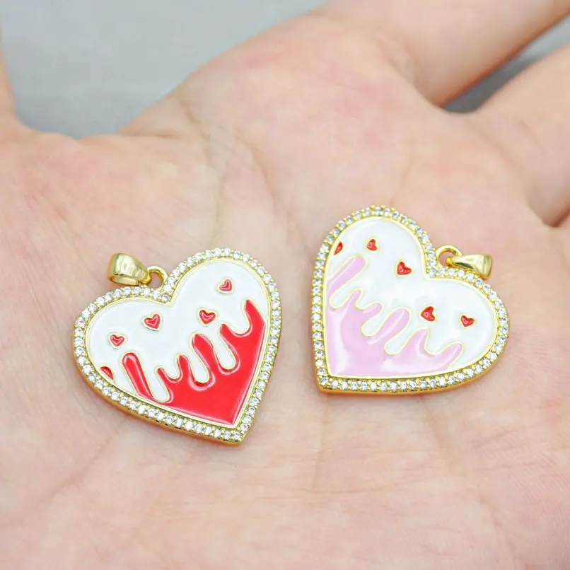 

2Pcs Point Invisible Setting Pendant Enamel Cubic Zirconia Gift Her Gold Color Copper Approx 24.3x26.5mm Jewelry For Women