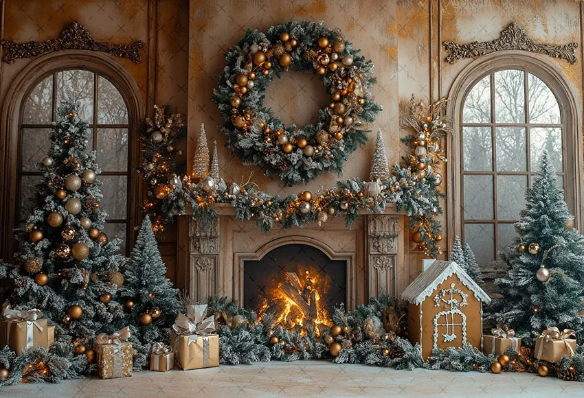 Mehofond Photography Background Christmas Vintage Fireplace Windows Xmas Tree Kids Family Portrait Decor Backdrop Photo Studio