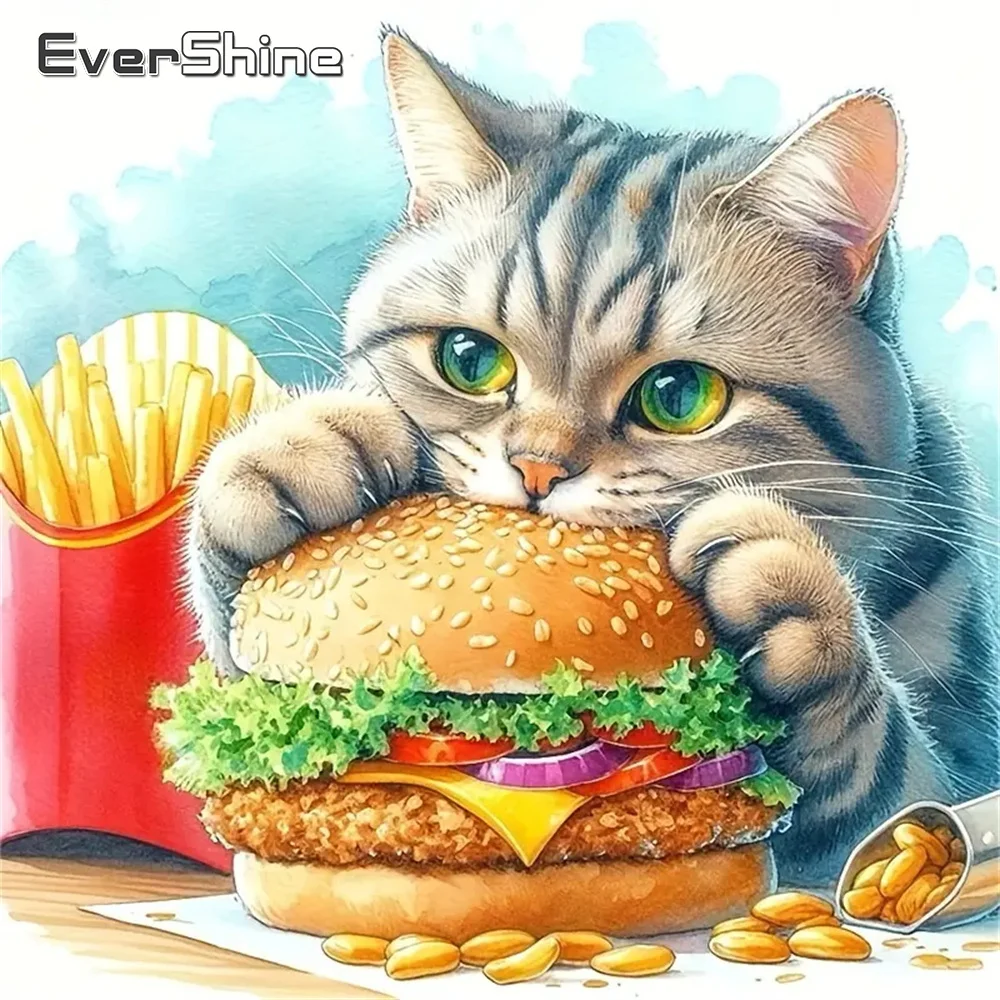 Evershine Vollquadrat Rundes Diamantgemälde Katze Tier DIY Diamant Stickerei Hamburger Bastelset Mosaik Pommes Frites Wandkunst