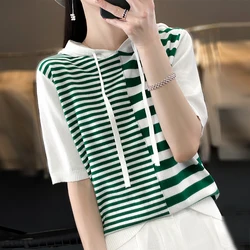 Summer New 100% Cotton Women's T-shirt Short Sleeve Loose Contrast Hooded Collar Pullover Casual Fashion Knitted T-shirt Top