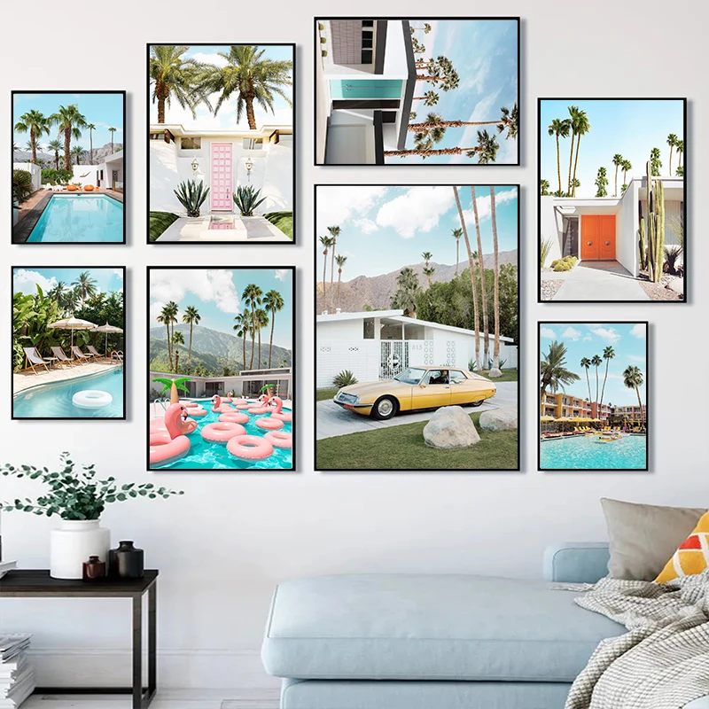 Palm Springs Beach Landscape Poster Canvas Printing Tropical Flamingo Pool Party Painting Wall Art Picture Home Room Decor