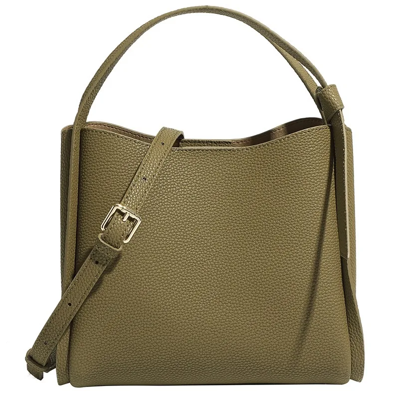 Minimalist Everyday Bucket Bag for Women Genuine Leather Shoulder Bag Drawstring Closure Top Handle Strap Luxury Handbag