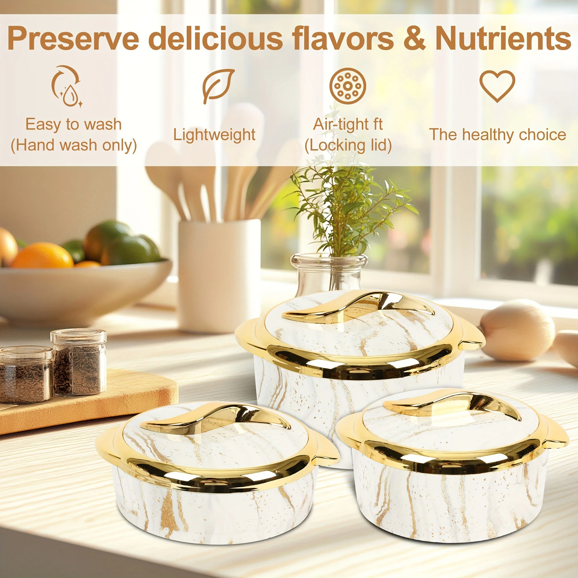 3pcs, Food Warmer, Insulated Stainless Steel Food Warmers With Lids, Hot & Cold Food Storage, Buffet Serving Bowls, Keeps Food Hot Or Cold, Multi-Color Thermal Casserole Dish Set, Ideal For Parties, Buffets, Outdoor Work, 1.5L + 2L + 2.5L