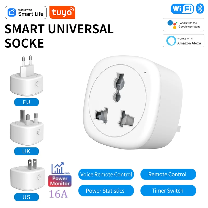 Tuya Universal EU/UK Smart WiFi Outlet, with Energy Monitoring, Voice Control, Compatible with Alexa and Google Home