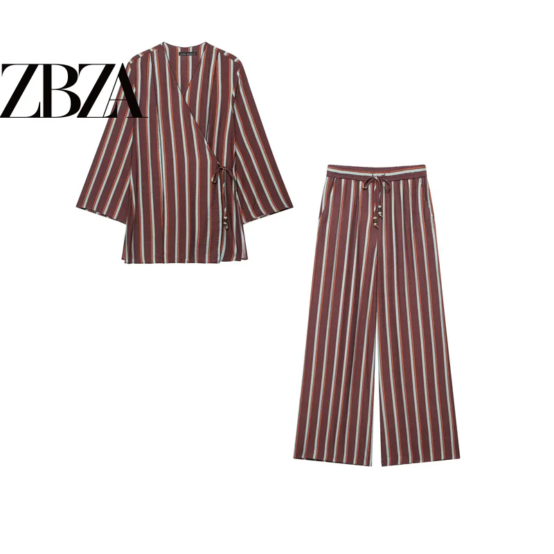 Fashionable Loose Striped Double-breasted Jacket Pants Set ZR Wind Women's Clothing Four Seasons Suitable Two-piece Suit