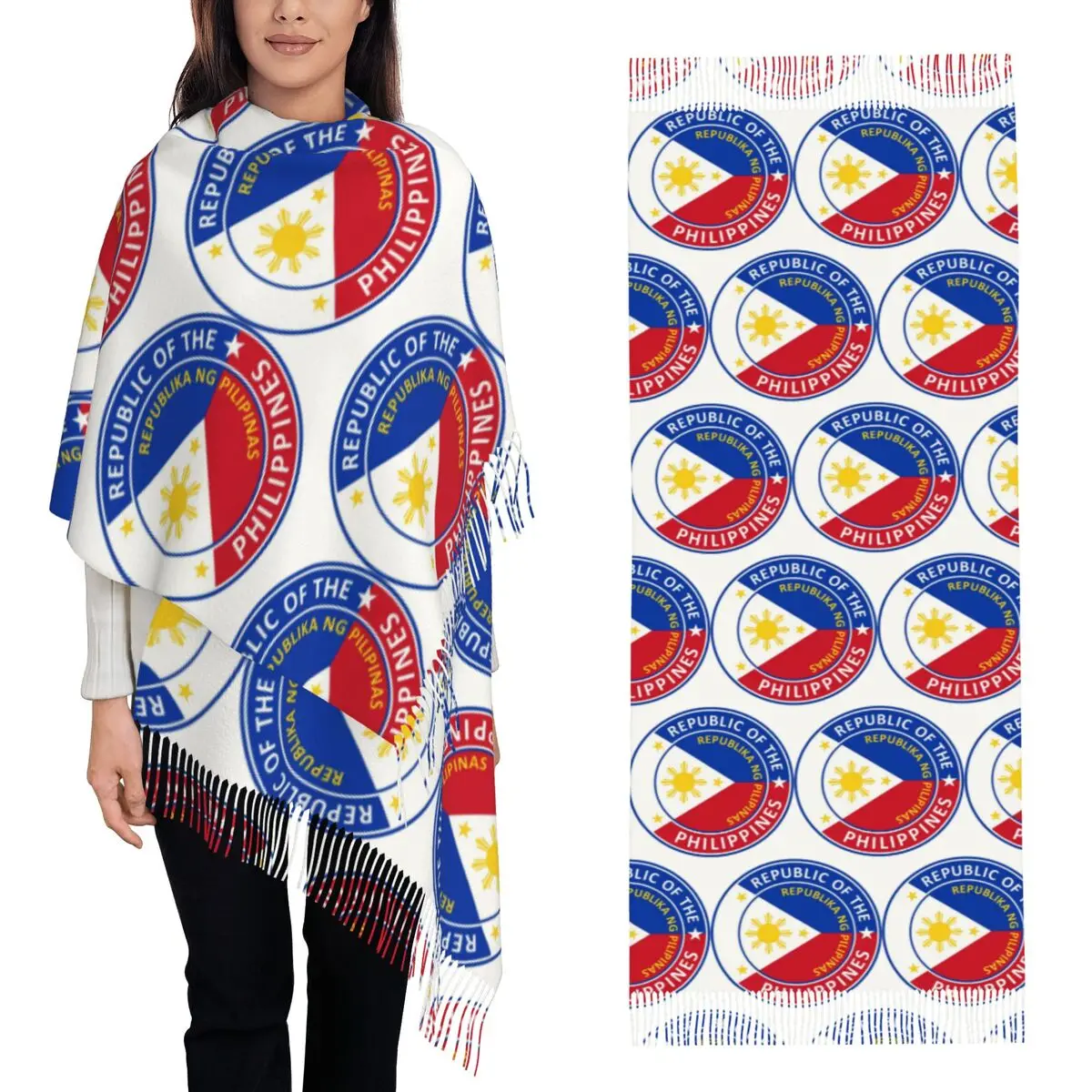 

Шарф с флагом Республики Филиппин, шарфы с кисточками для женщин, мягкие теплые шали и накидки, большая осенне-зимняя шаль