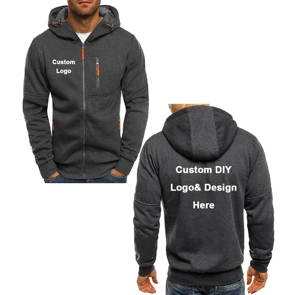Men's Zipper Hooded Jacket with Pockets, Customized Logo Image Text, Casual Sports Streetwear, Men's Casual Cardigan, Fashionabl