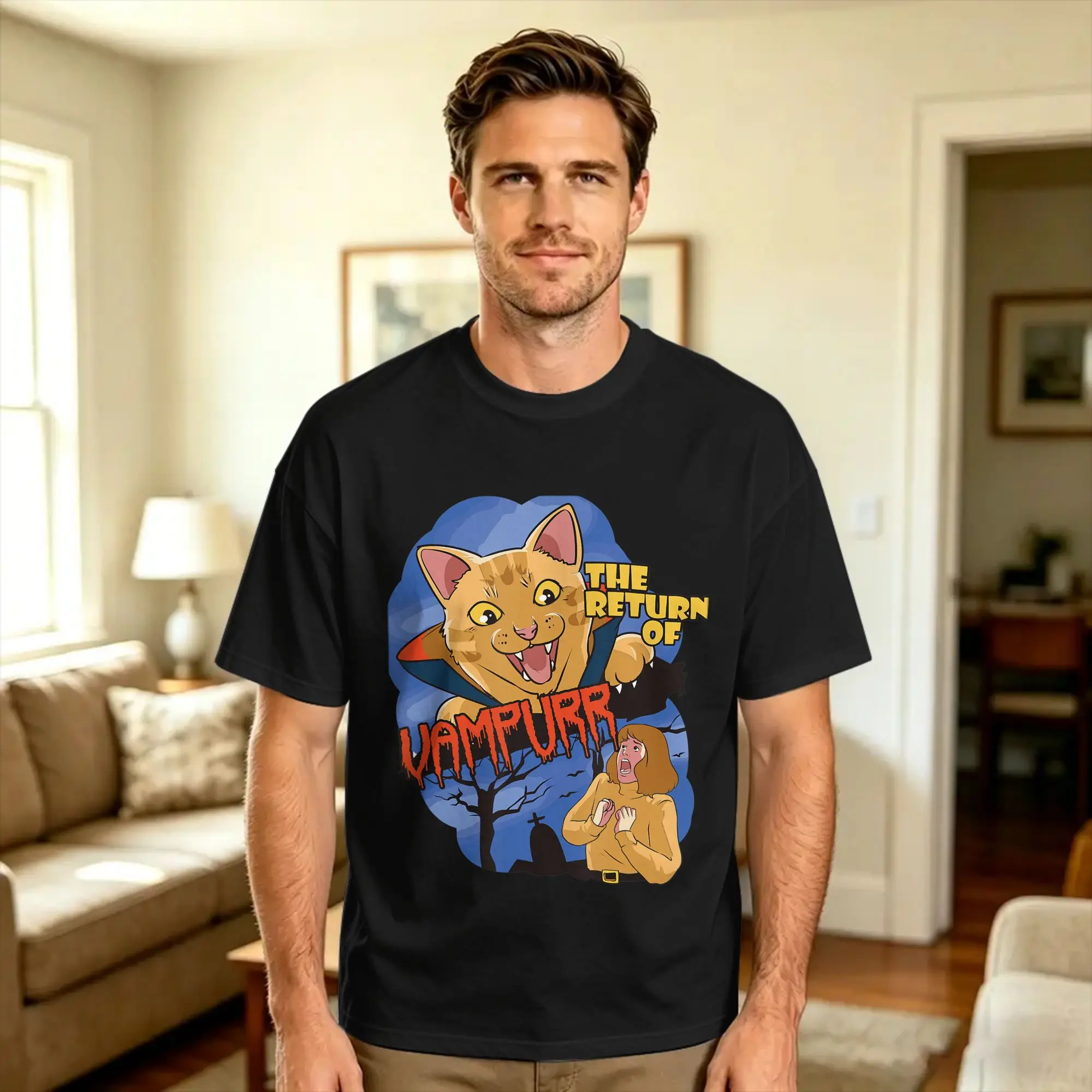 The return of vampurr the vampire horror cat  T Shirt Summer  Funny T-Shirts 100% Cotton Trending Tshirt For Couple Clothes