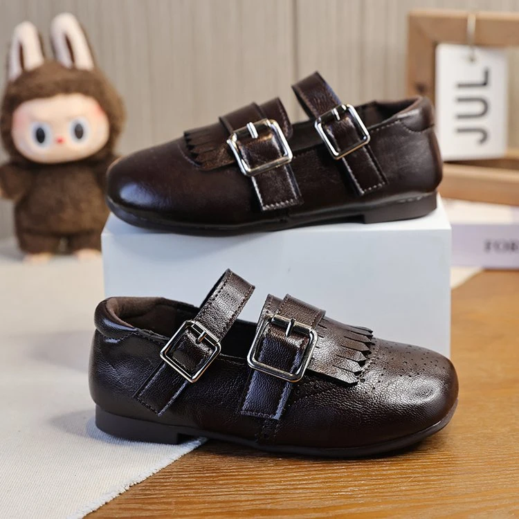 Unisex Kids Retro Fringe Brogue Dress Shoes, Double Metal Square Buckle Strap Soft‑Sole Casual Mary Jane Flat Shoes