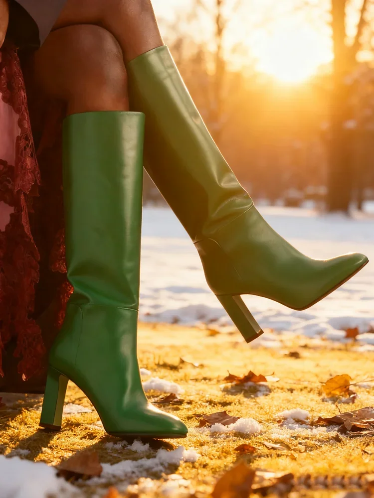 Green Block Heel Knee High Boots Matte Leather Slip On Runway Women Dress Shoes Chunky Heel Round Toe Handmade Dress Shoes