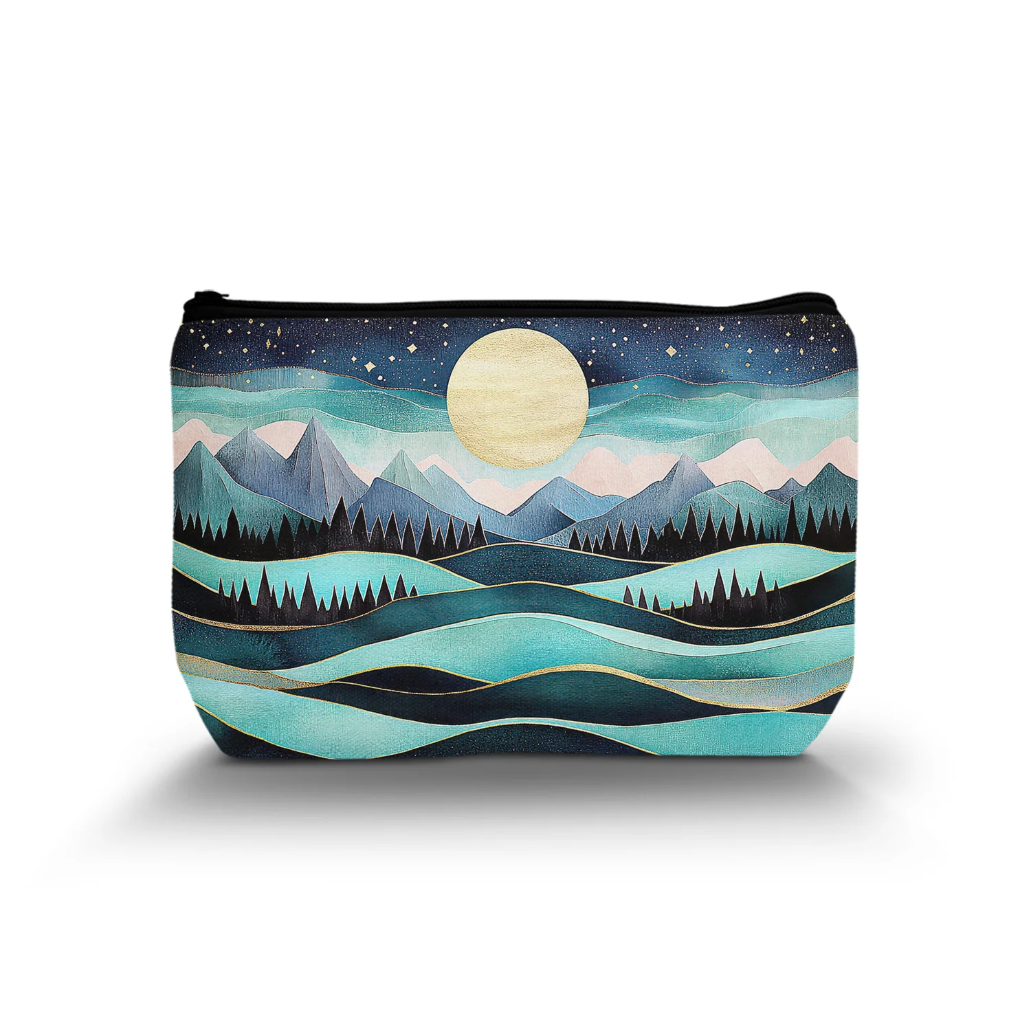 1Pc Modern Minimalist Art Style Cosmetic Bag Moon Wave Woods Mountain Abstract Silhouette Green Cosmetic Bag