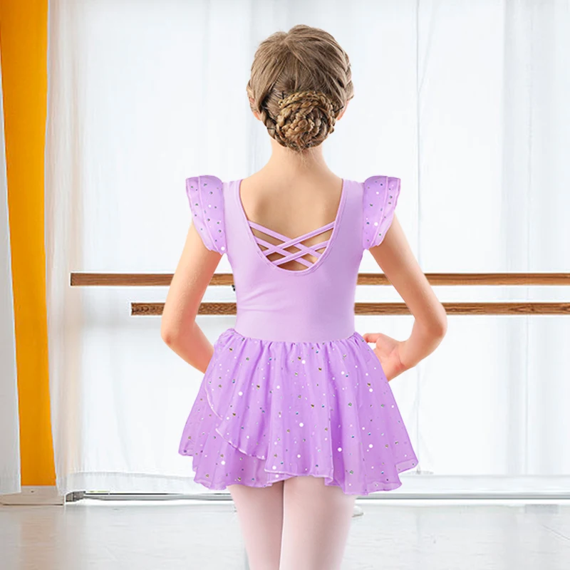 Collant de balé para meninas, vestido de balé com manga esvoaçante, oco, costas cruzadas, saia de dança brilhante para crianças