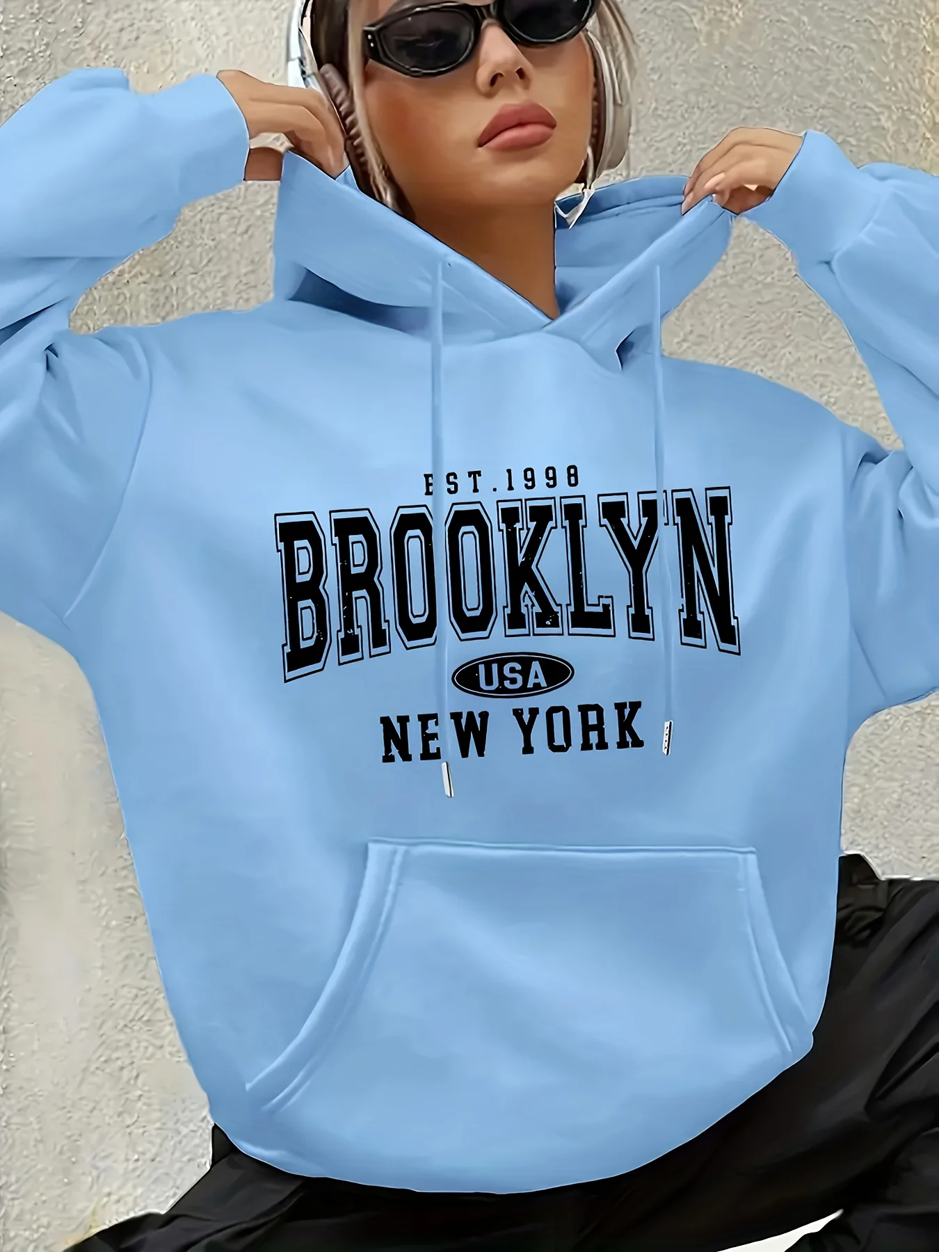Lady's letter-printed drawstring hooded sweatshirt with long sleeves and pocket featuring geometric patterns regular fit clothes