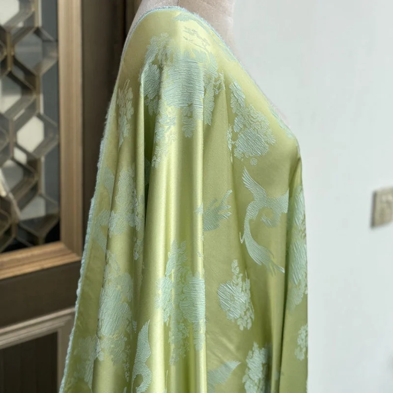 

1 meter 70% Mulberry Silk 30% Cotton 30 momme Heavy Silk Fabric Light Green Phoenix Jacquard 138cm 54" wide by the yard JN730