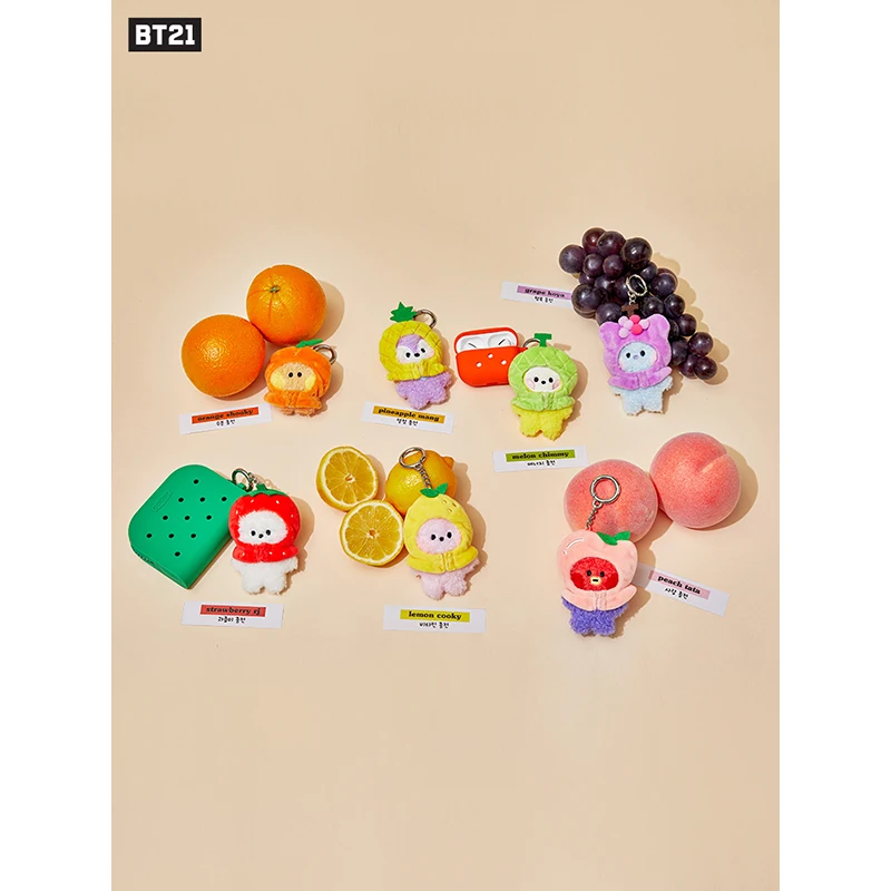 Line Friends Original Bt21 Fruit Series Plush Keychain Kawaii Koya Cooky Transform Strawberry Peach Soft Bag Pendant Gifts Toys