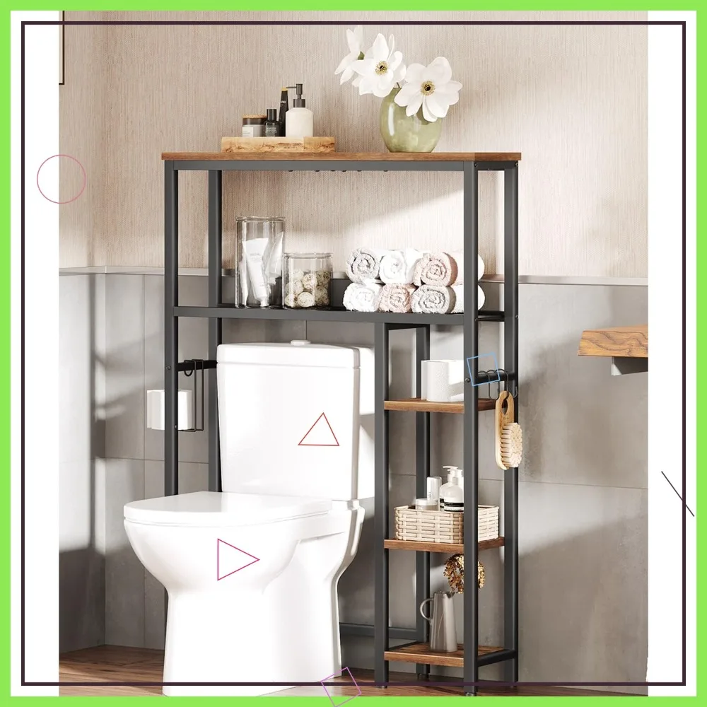 

5-Tier Over Toilet Storage Organizer with Paper Holder & Hooks, Space-Saving Bathroom Shelf for Small Apartments