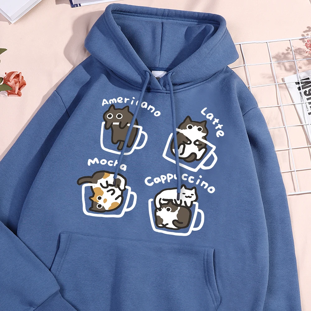 American Style Coffee Cat Men Women Hoody Fashion Loose Clothes Creativity Street Sweatshirt Fleece Oversized Couple Hoodies