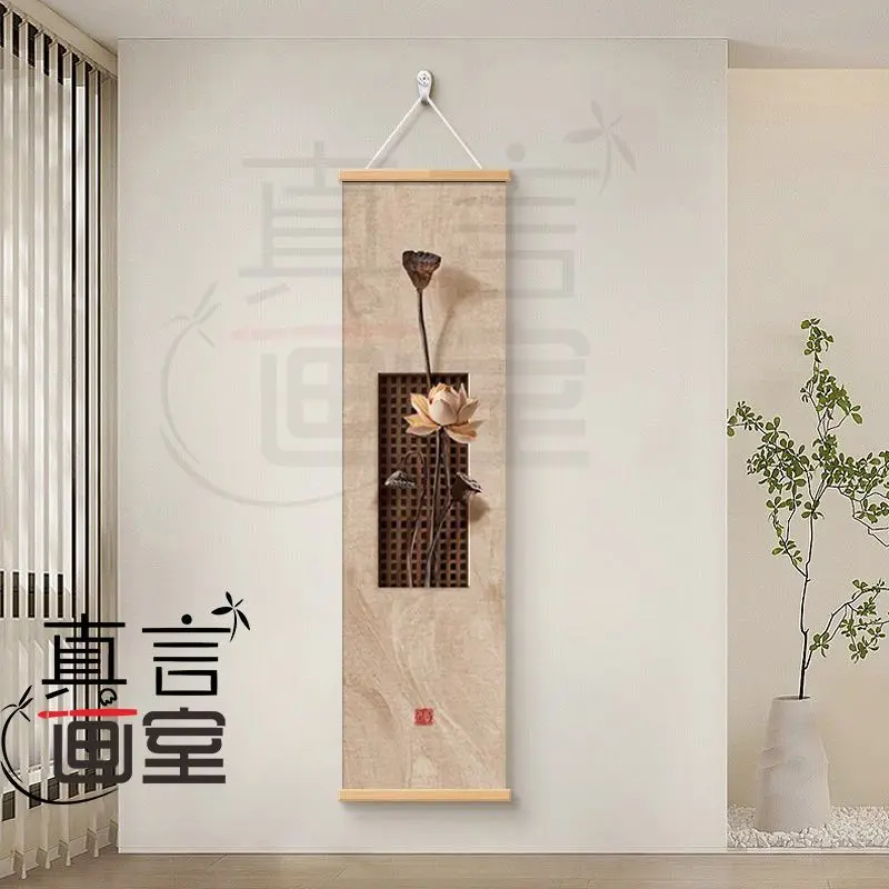 Zen Dry Landscape Lotus Scroll Tapestry Wall Hanging, Vertical Buddhist Meditation Art for Tea Room Corridor House Decor