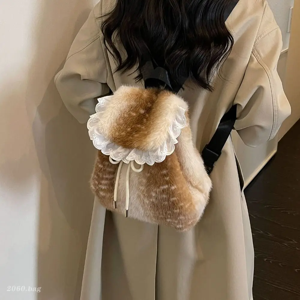 Women Handbag Leopard Print Fluffy Shoulder Bag Soft Deer Spot Backpack Large Capacity Korean Style Faux Fur Backpack Daily