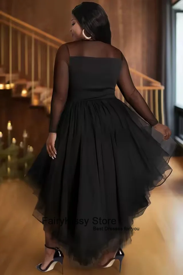 FairyKissy Plus Size Cocktail Party Evening Dresses Black V Neck Long Sleeve High Low Hem Ruffle Tulle Prom Dresses image 2